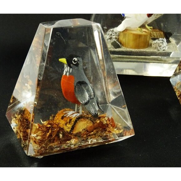 Vintage MCM Clear Lucite Prism Paperweight Lot Birds Canada Wood Carved - Picture 5 of 16